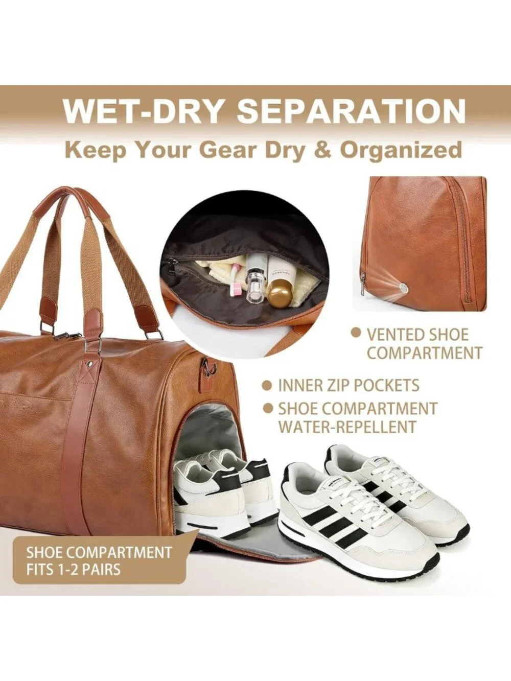 Large 3-in-1 Leather Duffle Bag - Travel Weekender Gym Overnight Carry-On with